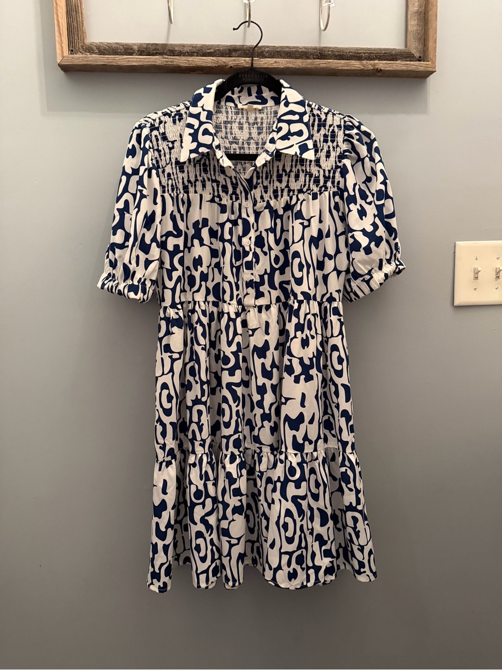 JODIFL Navy and White Abstract Smocked Tiered Dress